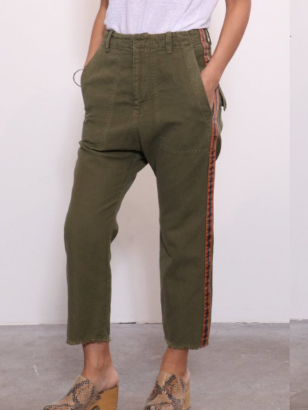 Nili Lotan Olive Green High-Rise Trousers with Stripe